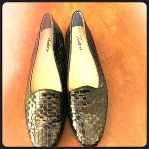 Black woven leather flats